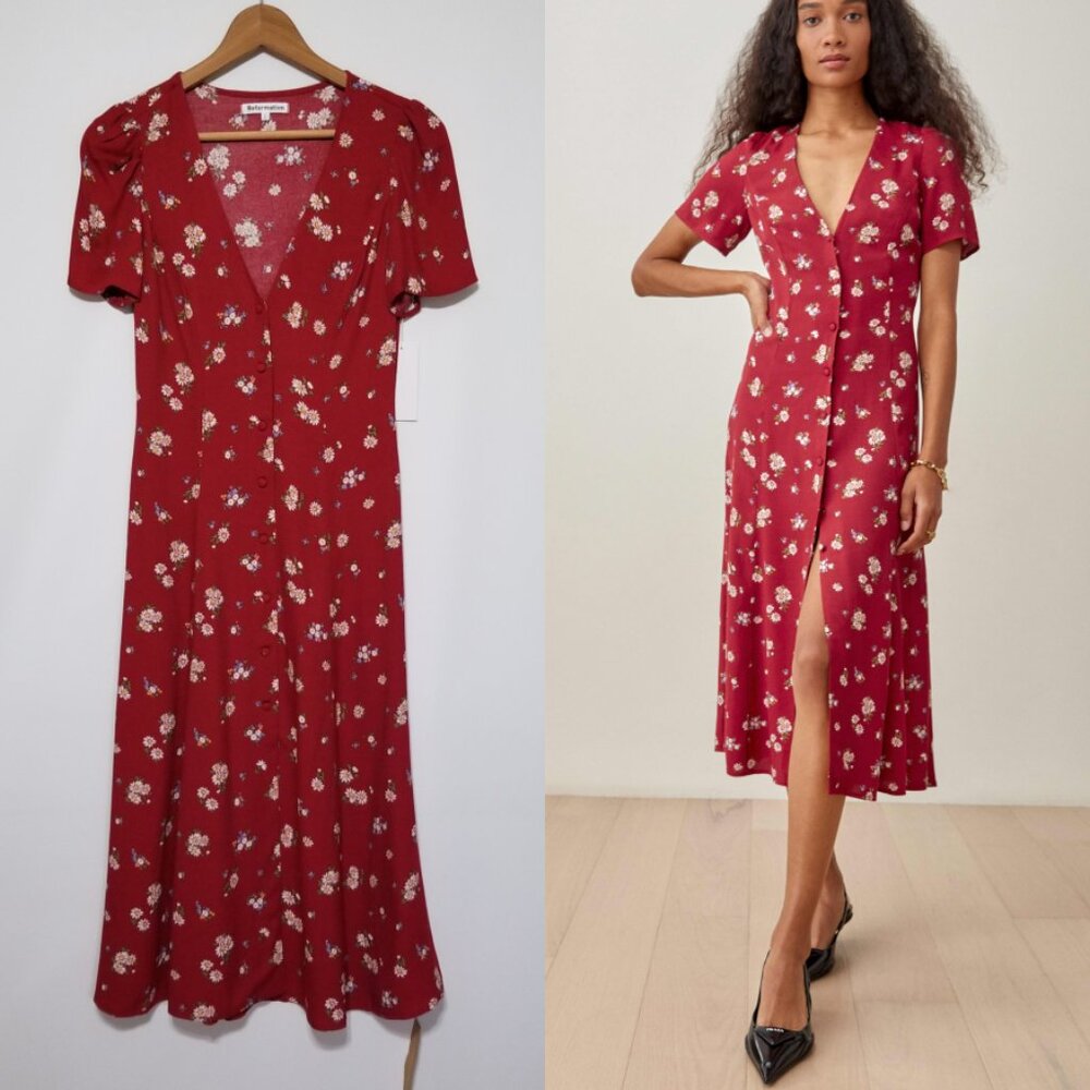 NWT Reformation‎ Locklin Floral Button Front Midi Dress in Cassia (Red) Size 0